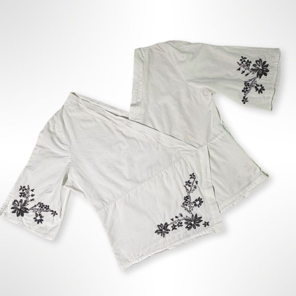 Millenium, VTG Y2K White Cropped Faux Wrap Embroidered Babydoll Top, L Cotton